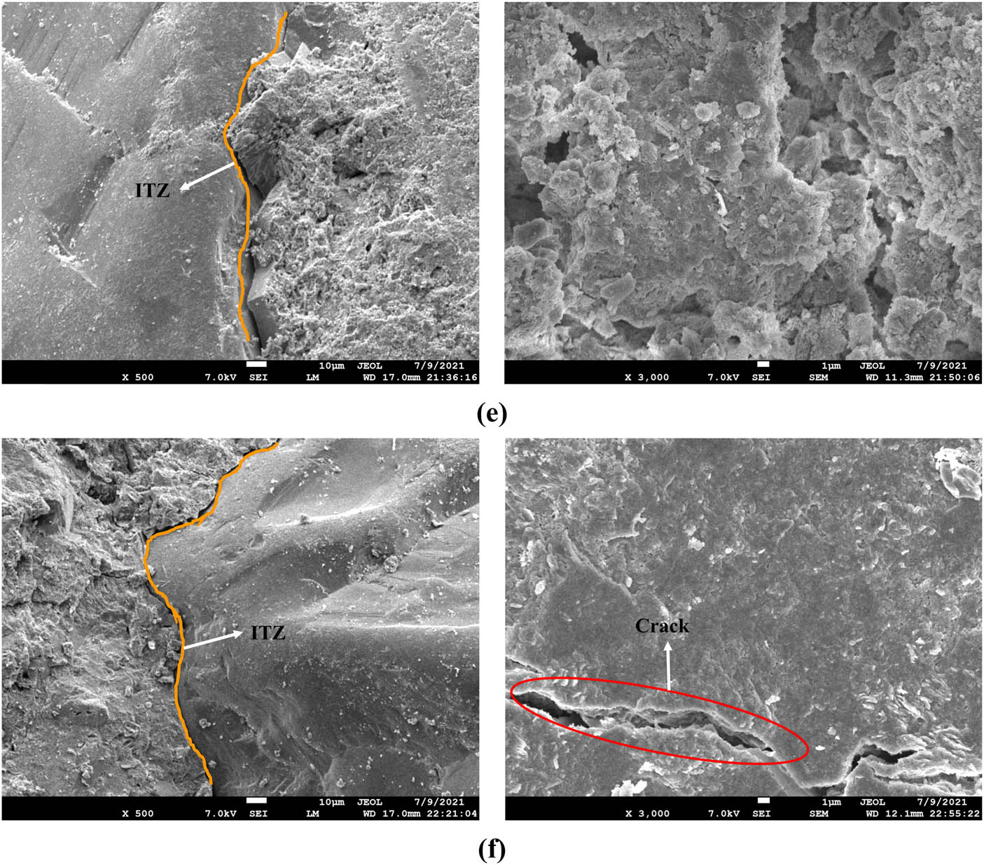 Figure 8 
                     Micromorphology of the RAC: (a) RAC-0-0N, (b) RAC-0-100N, (c) RAC-40-0N, (d) RAC-40-100N, (e) RAC-100-0N, and (f) RAC-100-100N.
                  