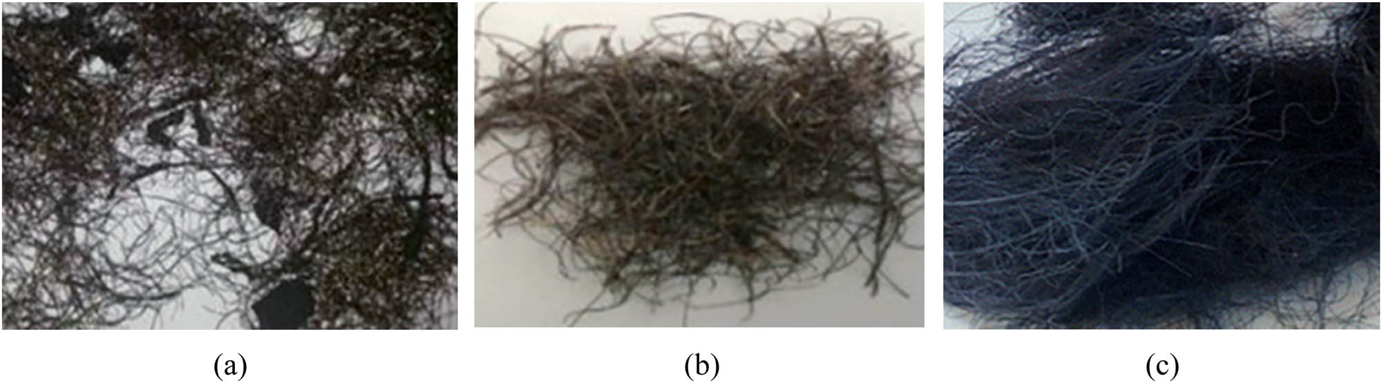 Figure 1 
               WTSFs obtained using different recycling techniques [29]. (a) Shredding technique, (b) cryogenic technique, and (c) pyrolysis technique.
            
