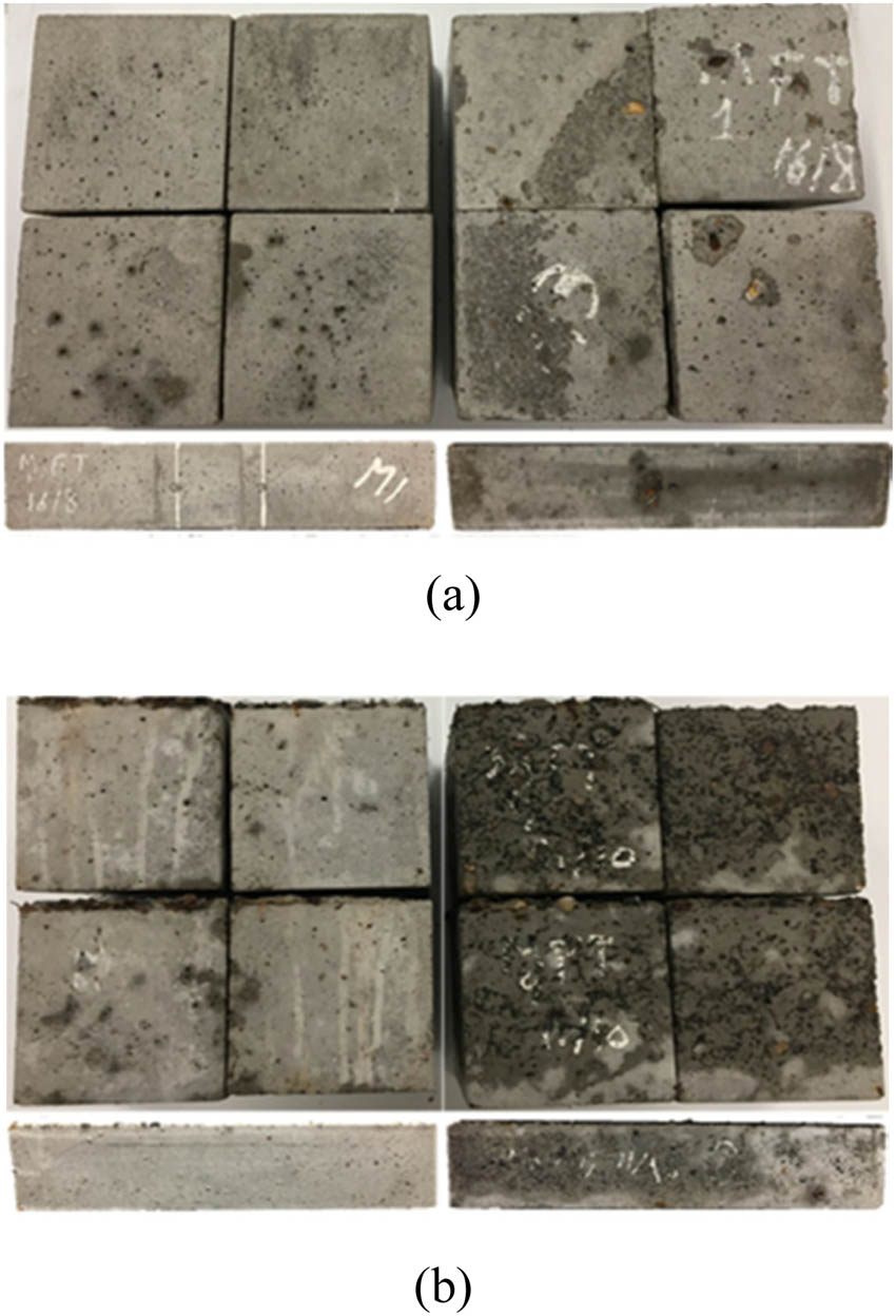 Figure 11 
               Concrete surface condition after 56 cycles before (left) and after (right) freezing and thawing [100]. (a) Concrete with only steel fibers and (b) concrete with steel fibers and rubber particles.
            