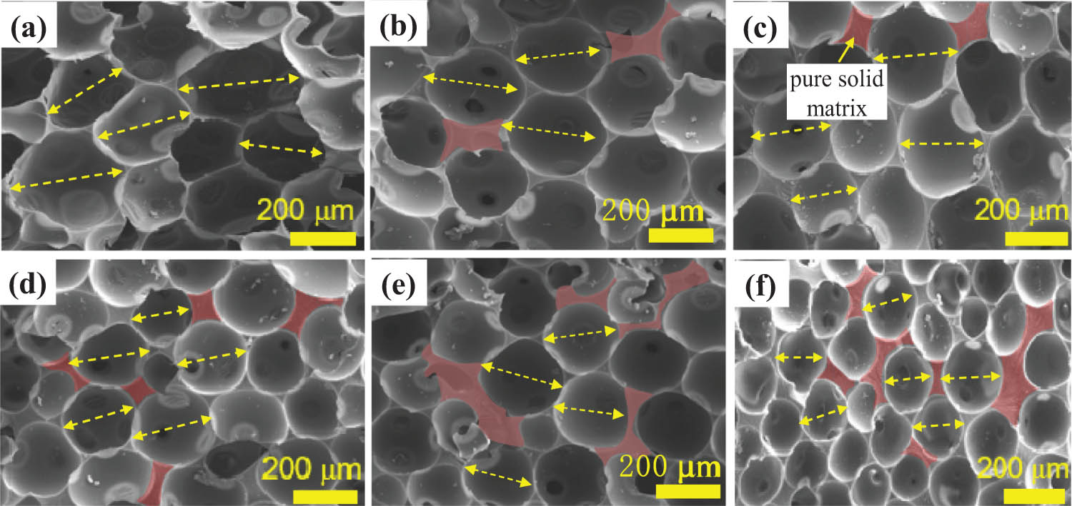Figure 3
The micromorphology of the TFPU grouting materials with a density of: (a) 0.15, (b) 0.21, (c) 0.24, (d) 0.38, (e) 0.40, and (f) 0.46 g·cm−3.