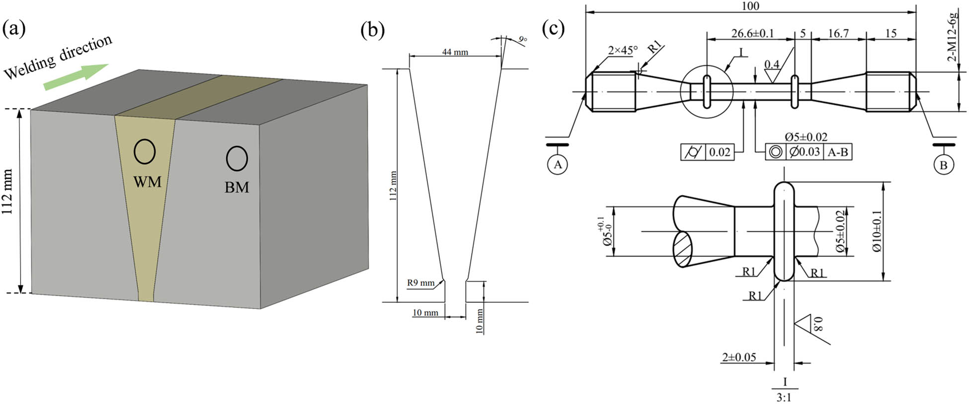 Figure 1 
                  Schematics for (a) extracting creep samples from the 2.25Cr1Mo0.25V steel welded joint and (b) the groove design; (c) dimensions of creep specimen (unit: mm).
               