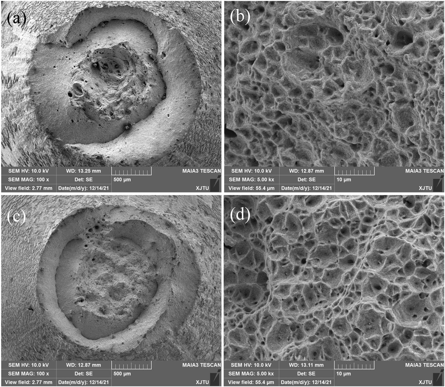 Figure 11 
                  SEM fracture morphologies of the creep ruptured (a and b) BM and (c and d) WM specimens at 550°C under the stress of 325 MPa.
               
