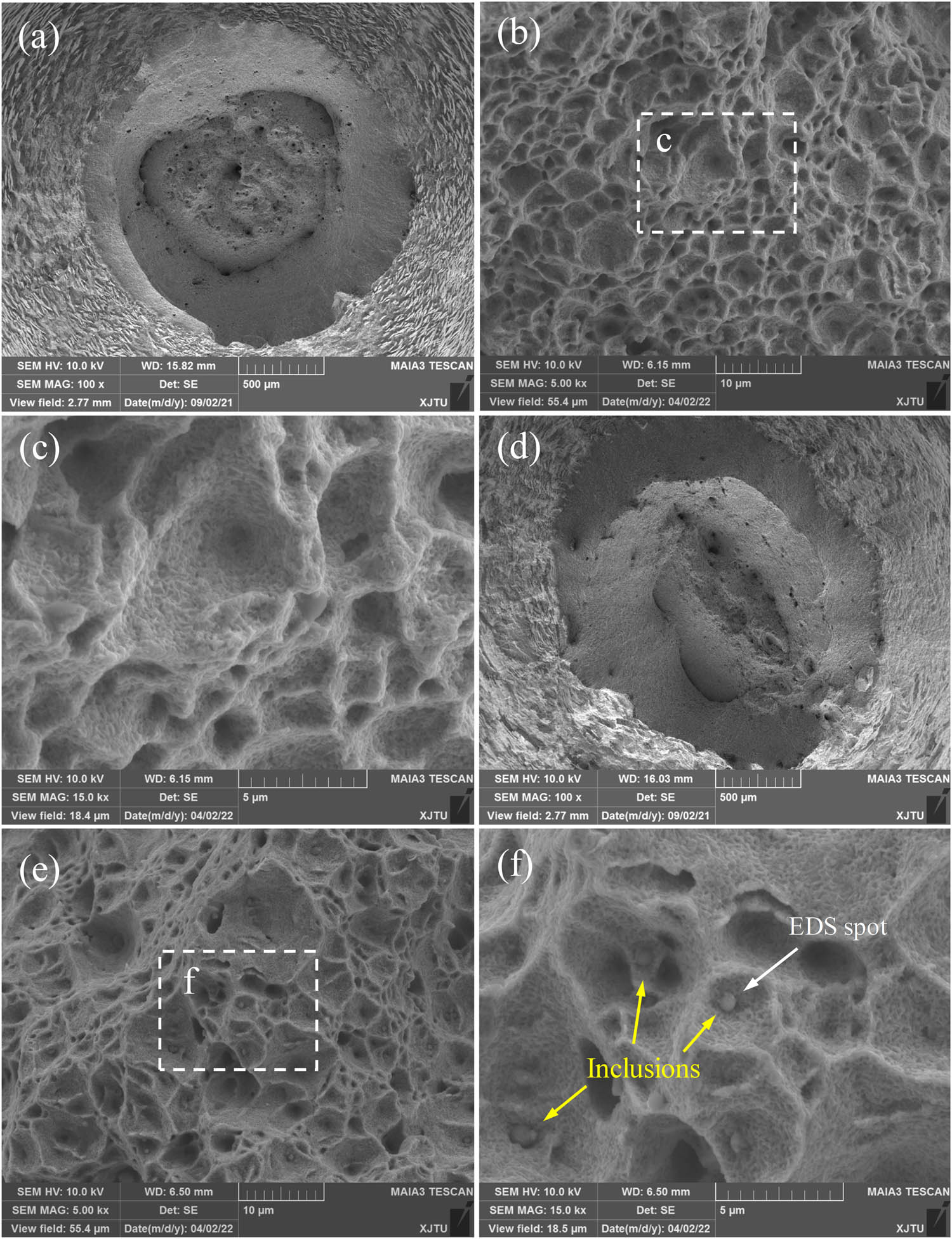 Figure 12 
                  SEM fracture morphologies of the creep ruptured (a–c) BM and (d–f) WM specimens at 550°C under the stress of 275 MPa; (c) and (f) are the morphologies of dimples in (b) and (e), respectively.
               