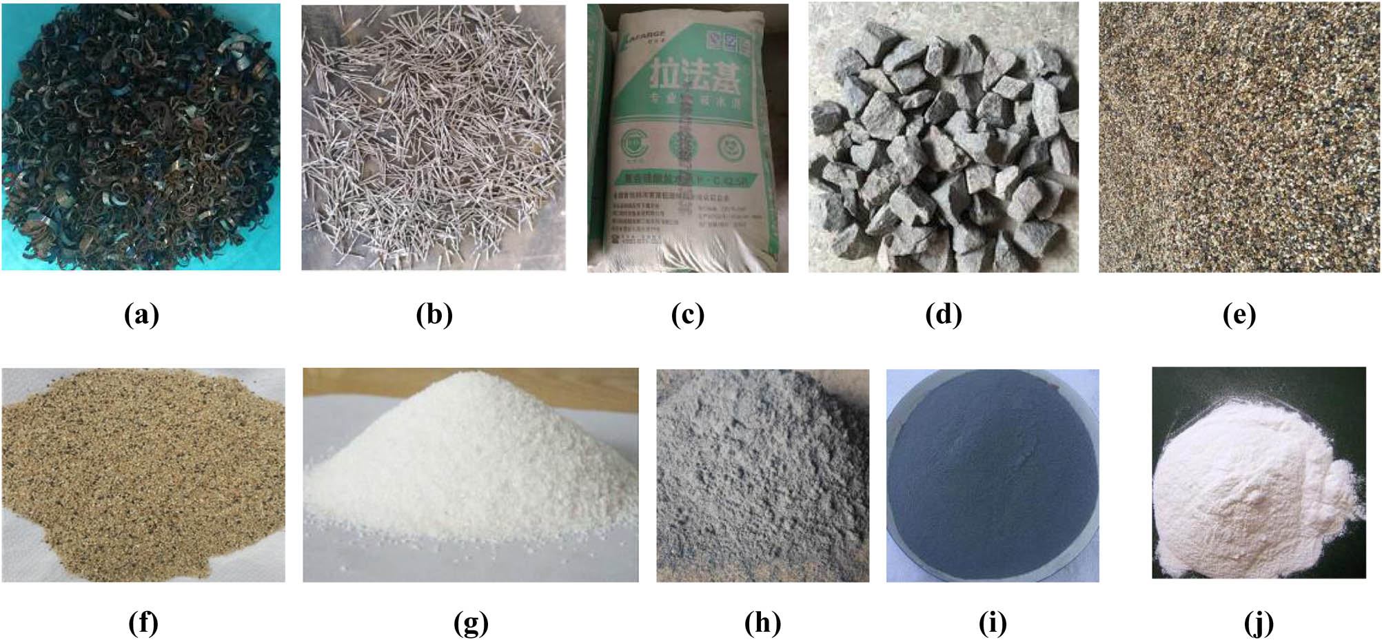 Figure 1
Composition of RSF-reinforced concrete. (a) RSF. (b) PSF. (c) Cement. (d) Crushed stone. (e) Bean stone (f). Natural sand. (g) Quartz sand. (h) Fly ash. (i) Silica fume. (j) Superplasticizer.