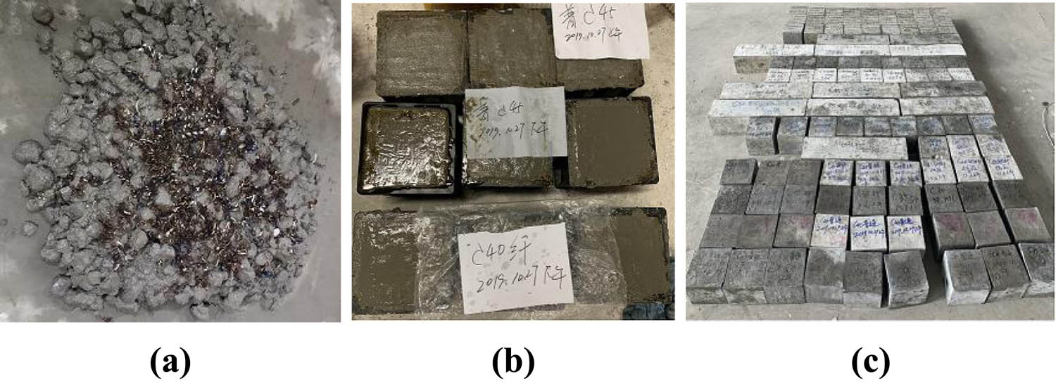Figure 2
Fabrication process of test block: (a) mixture mixing, (b) molding, and (c) curing completed.