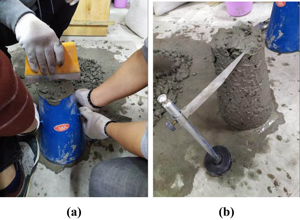 Figure 3
Slump test: (a) filling slump cylinder and (b) testing the slump.