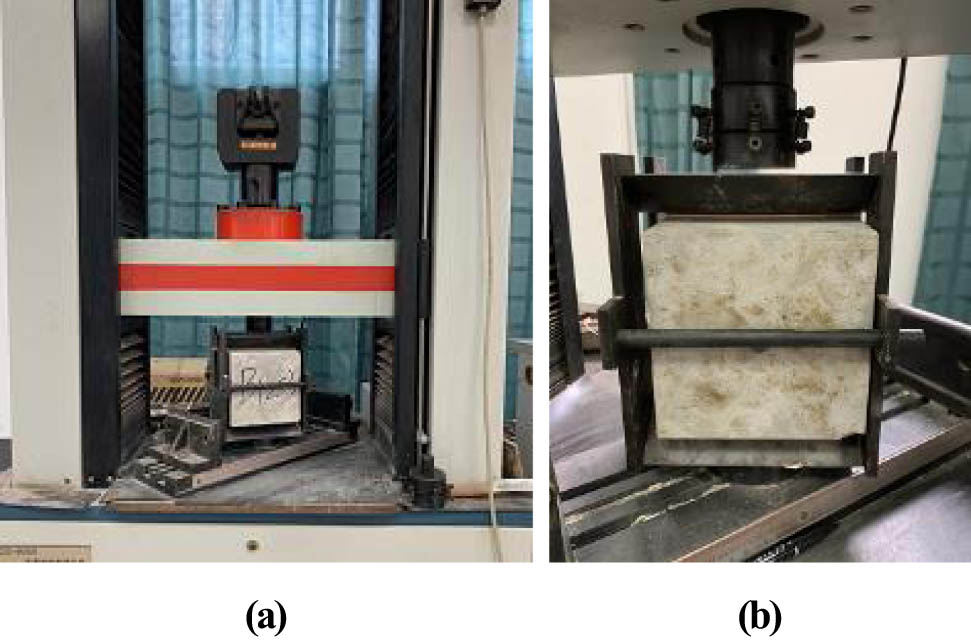 Figure 5
Splitting tensile strength test: (a) test device and (b) test process.