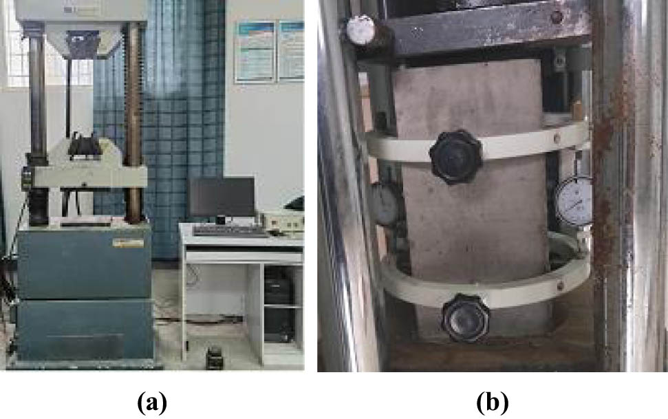 Figure 7
Prismatic axial compression testing machine: (a) loading device and (b) axial compression deformation measurement.