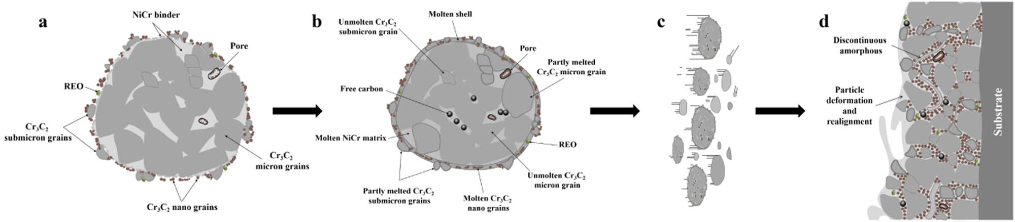 Figure 10
Schematic of the formation of the multimodal structure coatings: (a) original particle, (b) molten part of the particle, (c) particle deformation, and (d) cross section of the multimodal coatings.