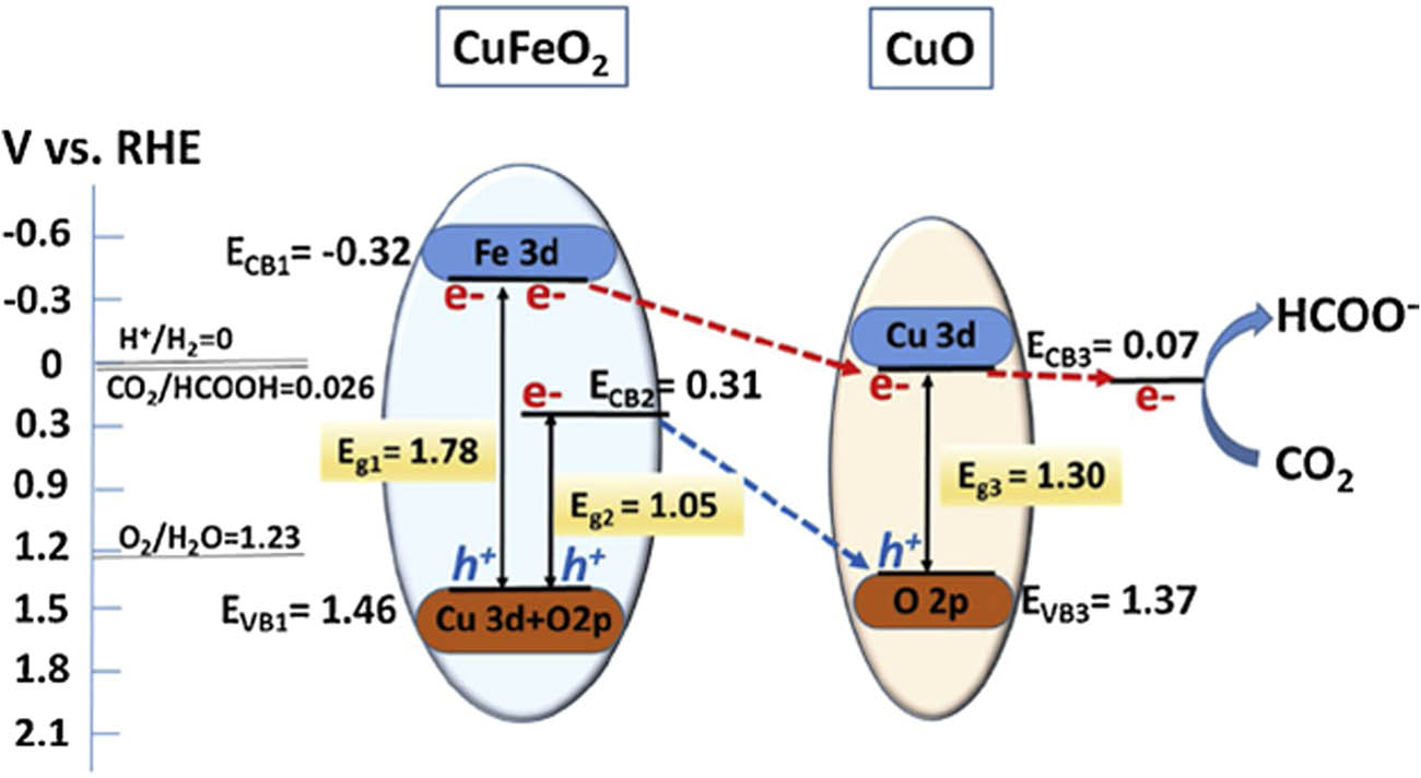 Figure 5 
                  Electronic band diagram of CuFeO2/CuO heterojunction. (Reprinted with permission from ref. [152]. Copyright © 2019, Elsevier).
               