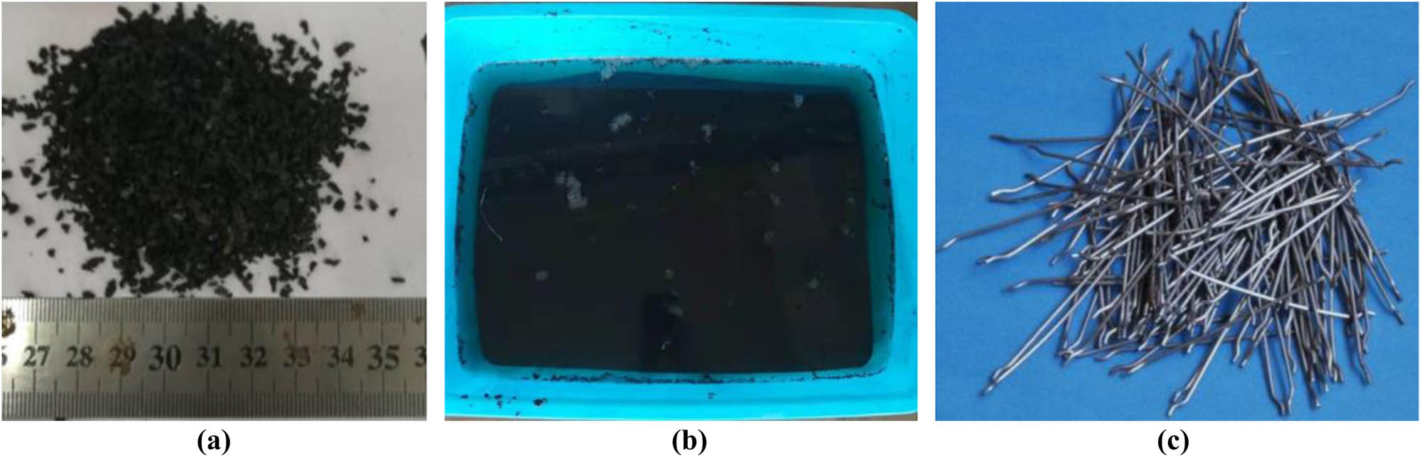 Figure 2
Rubber particles and steel fibers. (a) Rubber particles; (b) rubber NaOH washing modification; and (c) steel fibers.