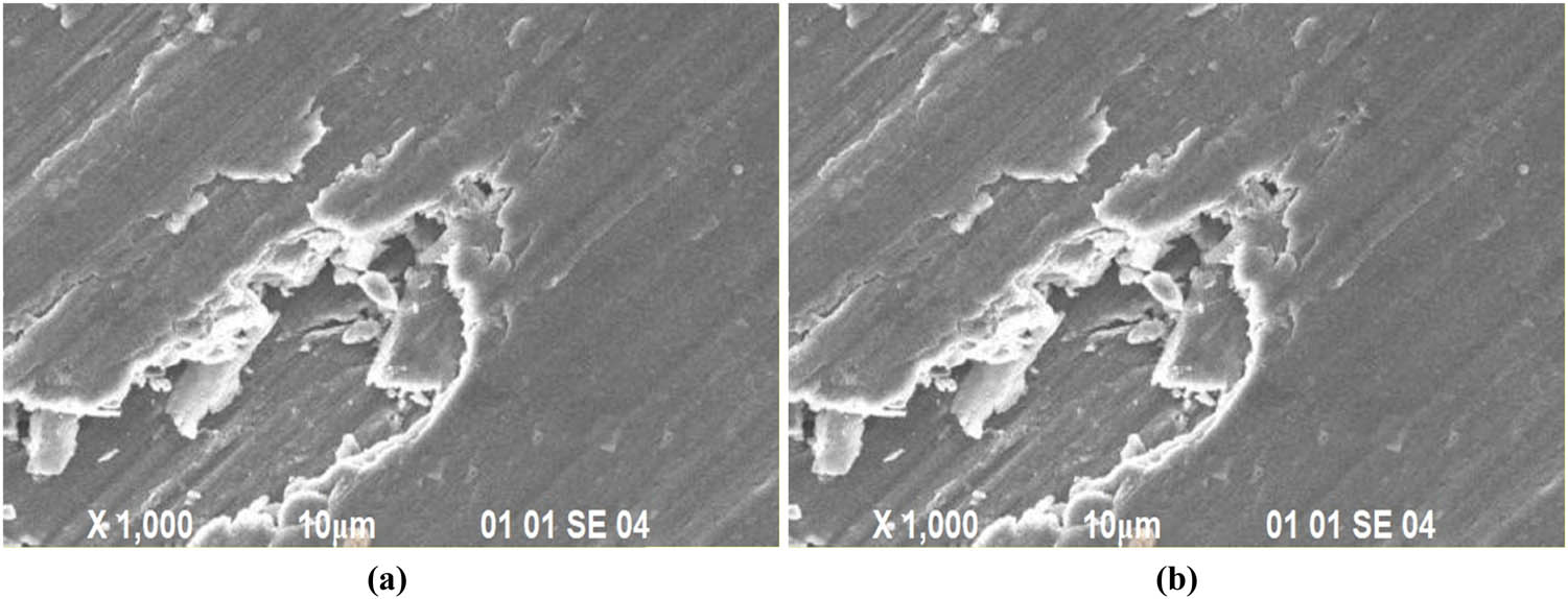 Figure 4
Wear morphology of samples (a) FSW1 and (b) FSW9.
