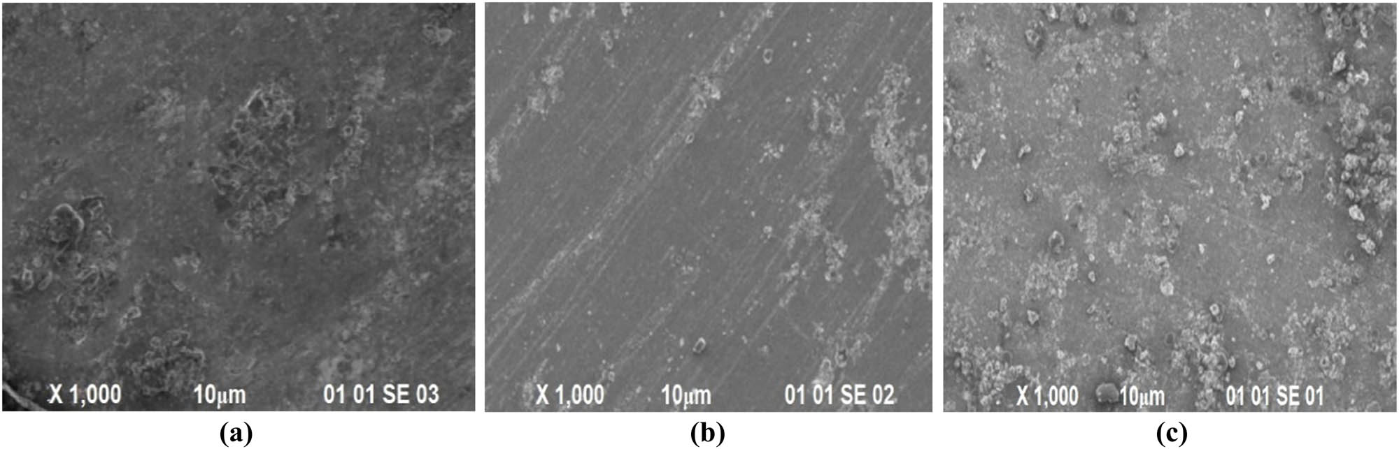 Figure 13
SEM images of welded sample: (a) FSW1, (b) FSW6, and (c) FSW9 after corrosion test.