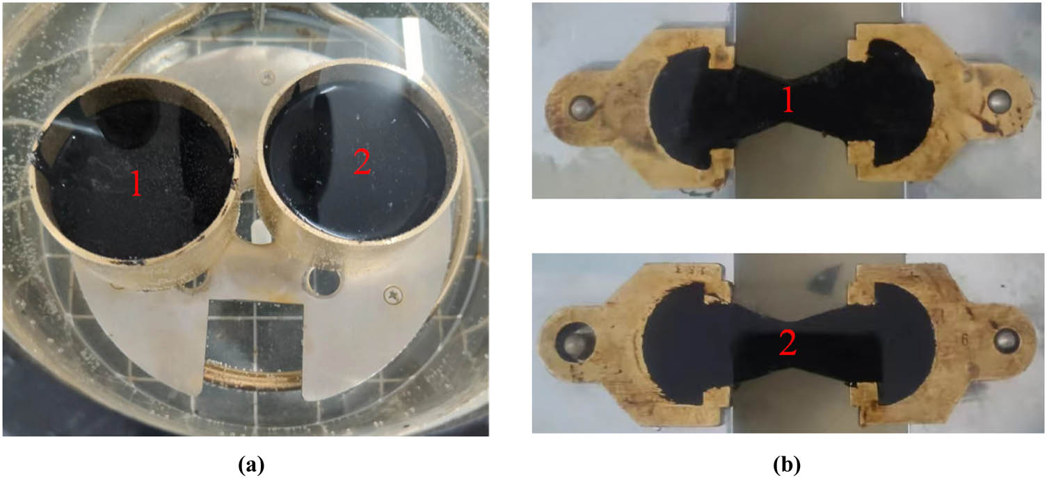 Figure 17
Experiment of basic indexes of asphalt: (a) penetration test and (b) ductility test. Note: 1. Original asphalt; 2. PU-modified asphalt.