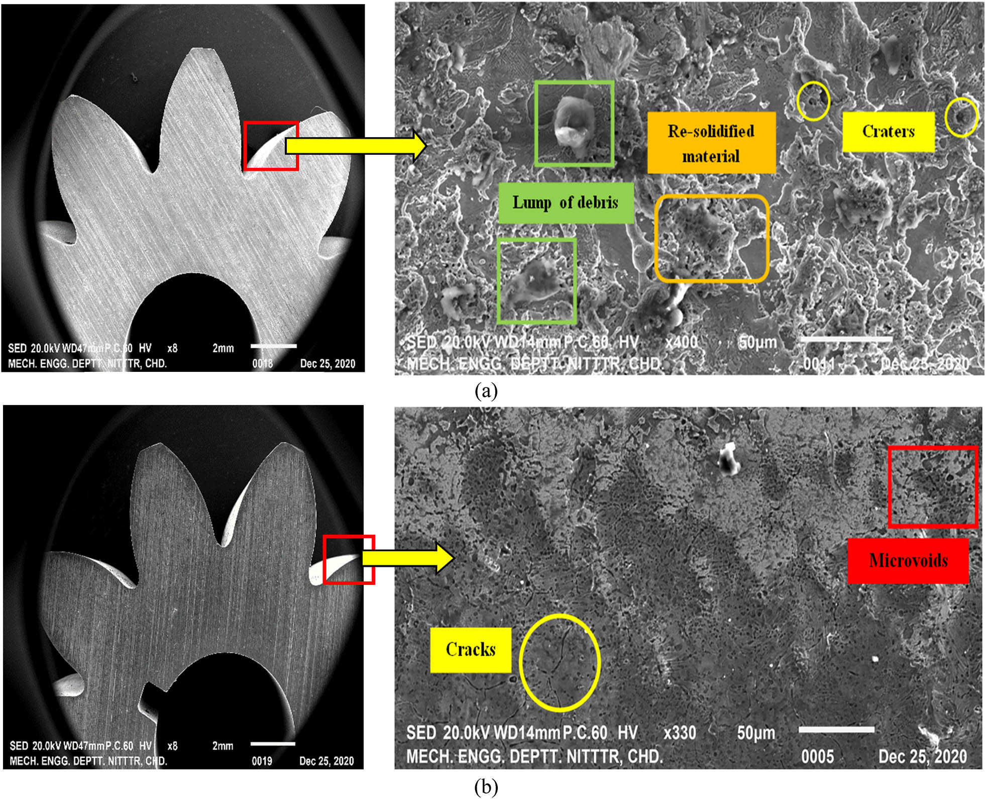 Figure 7
SEM micrographs of gear profile and gear tooth surface machined at (a) T
on, 118; T
off, 30; I
p, 220; S
v, 50 and (b) T
on, 105; T
off, 45; I
p, 130; S
v, 50.