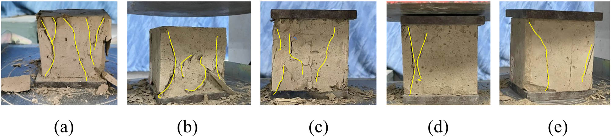 Figure 6 
                  Destruction form of test block before modification: (a) yellow mud and after modifying using (b) straw, (c) starch, (d) cement, and (e) epoxy resin.
               