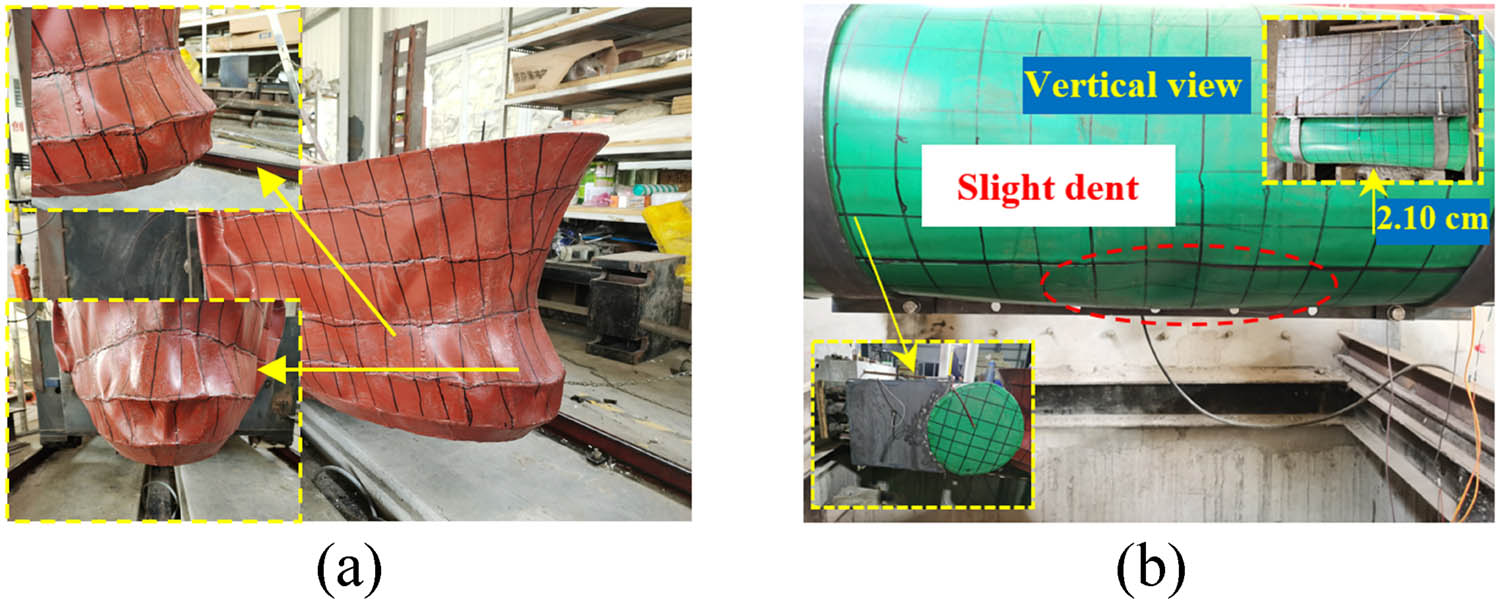 Figure 11 
                        Failure modes of the bow and anti-collision facilities after the impact: (a) ship bow deformation and (b) anti-collision facilities deformation.
                     