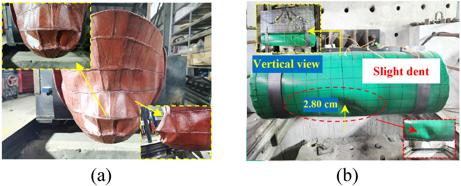 Figure 13 
                        Failure modes of the bow and anti-collision facilities after the impact: (a) ship bow deformation and (b) anti-collision facilities deformation.
                     