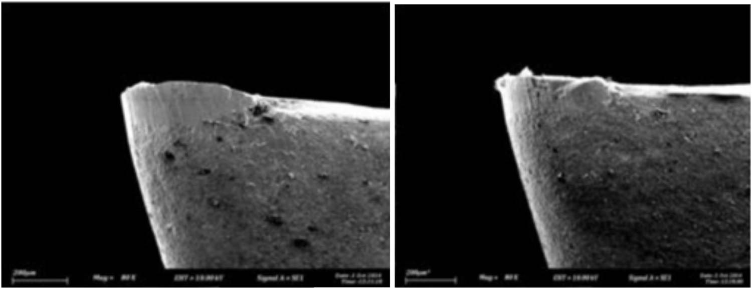 Figure 26 
                  SEM images of the tool after machining at low speed (left) and high speed (right).
               