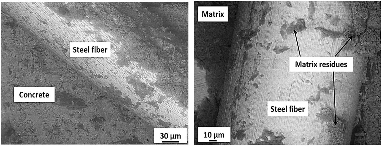 Figure 15 
               SEM images of steel fiber bonding with the concrete matrix [100].
            