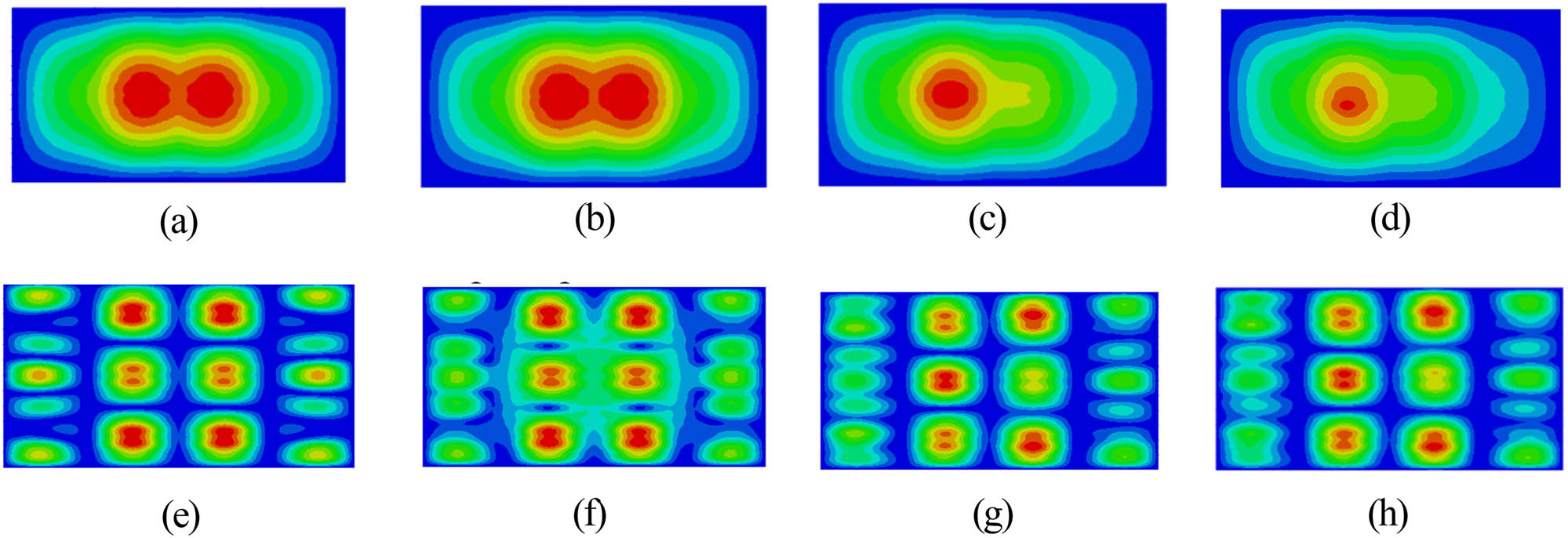 Figure 5 
                     Vibration response cloud map of peak frequency mode at different loading positions. (a) Mode-13.6 Hz, (b) load acts on beam response peak-6.4 mm·s−1, (c) load acts on aggregate response peak-8.7 mm·s−1, (d) load acts on plate response peak-9.6 mm·s−1, (e) mode-36.1 Hz, (f) load acts on beam response peak-1.9 mm·s−1, (g) load acts on aggregate response peak-21.7 mm·s−1, and (h) load acts on plate response peak-22.5 mm·s−1.
                  