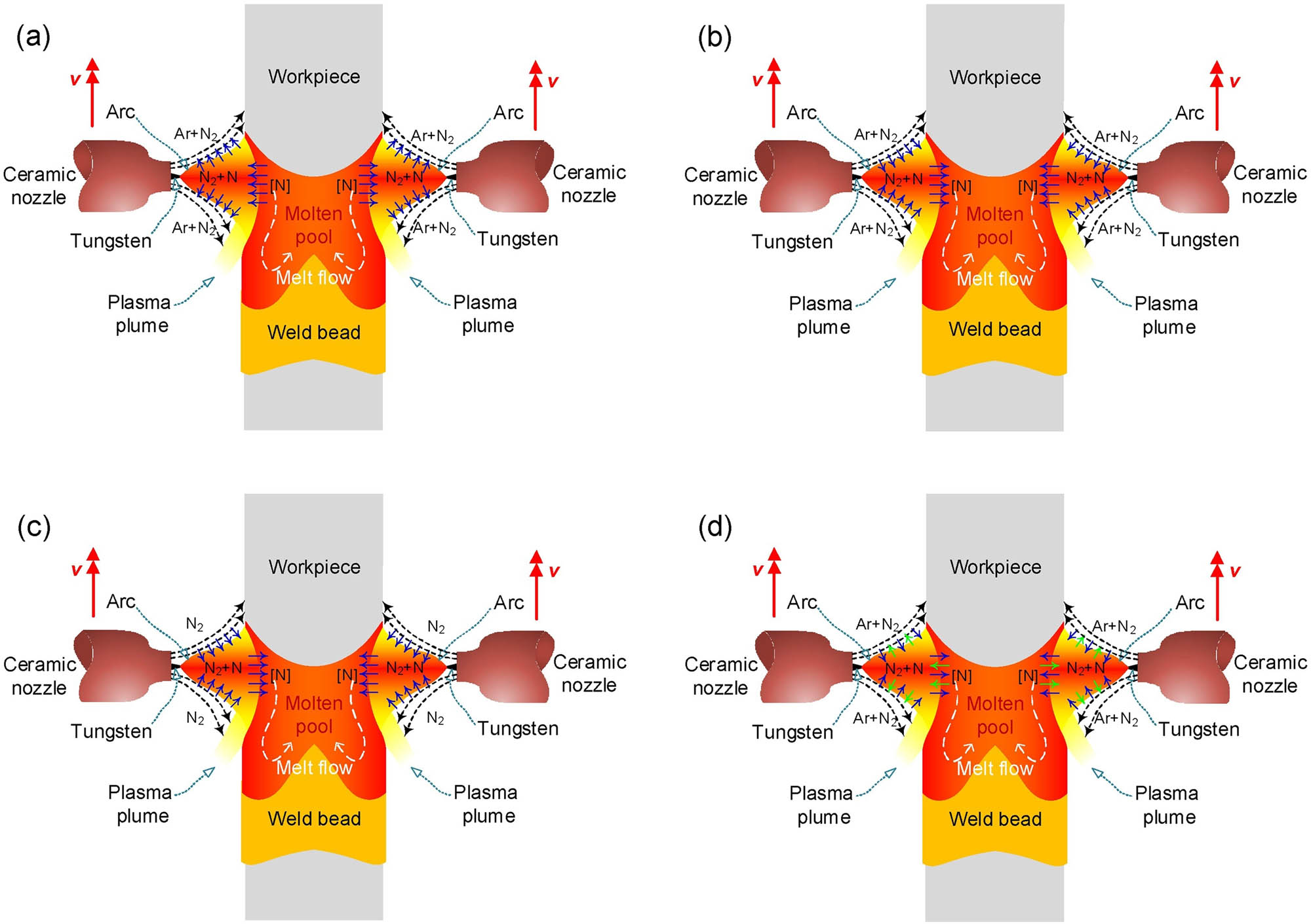 Figure 6 
                     Transformation mechanism of nitrogen with mixed shielding gas of (a) pure Ar, (b) a mixture of Ar and N2, and (c) pure N2 during DSSAGW, and (d) shows ordinary bidirectional movement of N [60].
                  