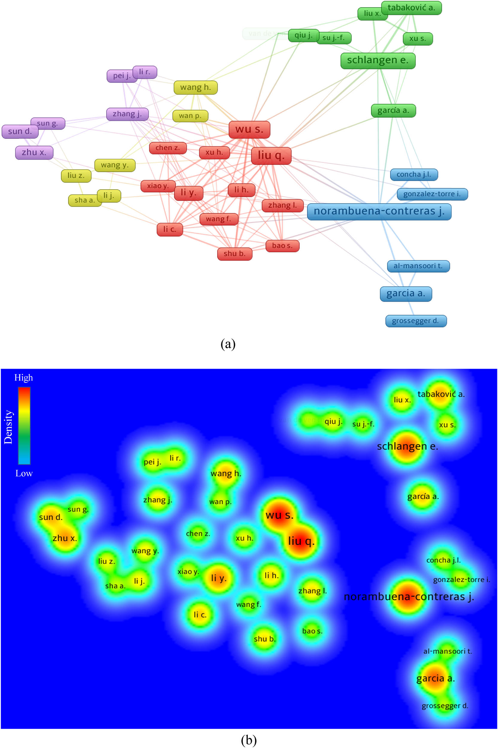 Figure 8 
                  Scientific interconnection of authors based on citations: (a) network map and (b) density map.
               