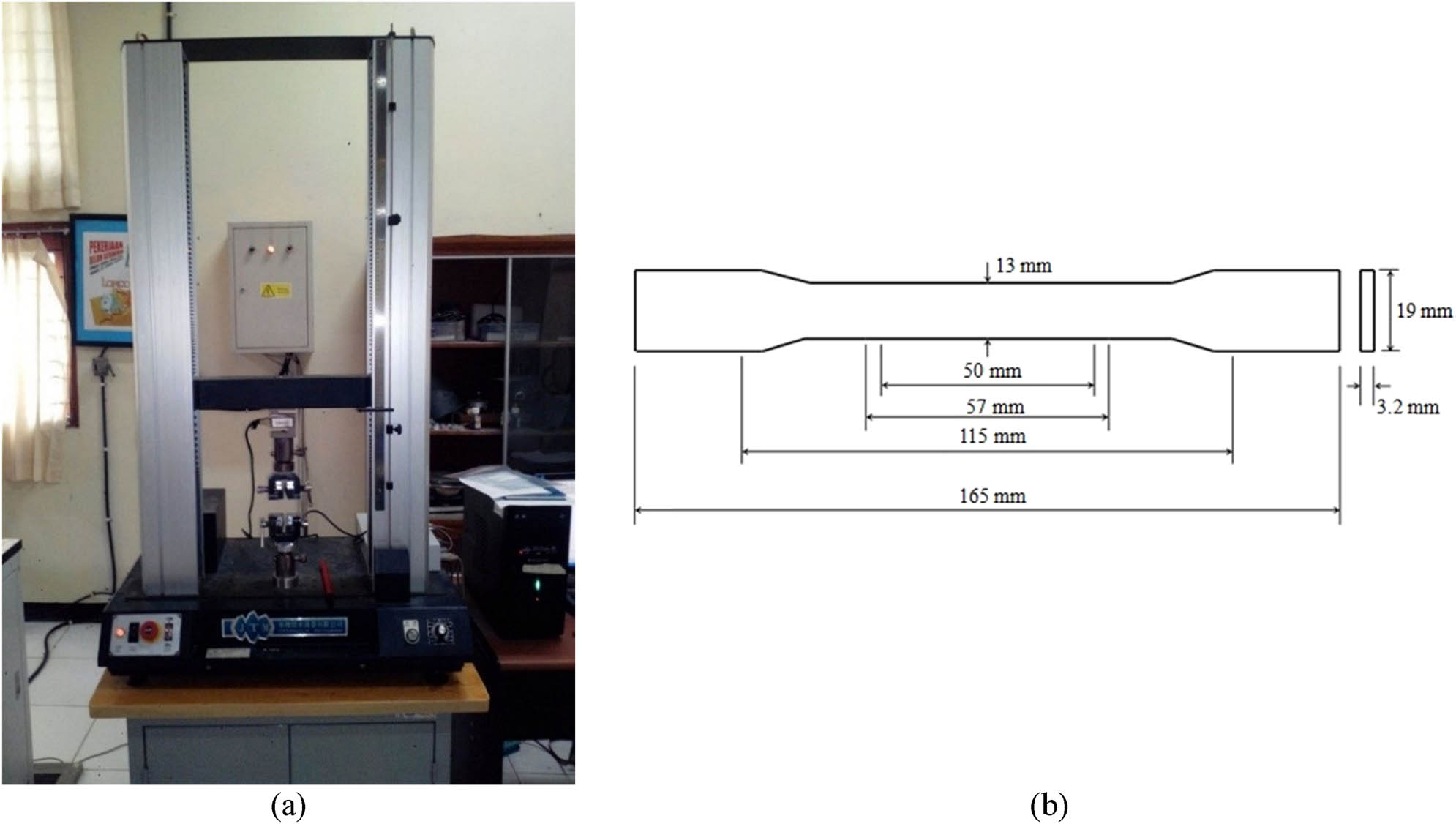 Figure 4
Tensile test of composites: (a) universal testing machine; and (b) specimen of tensile test based on ASTM D638.