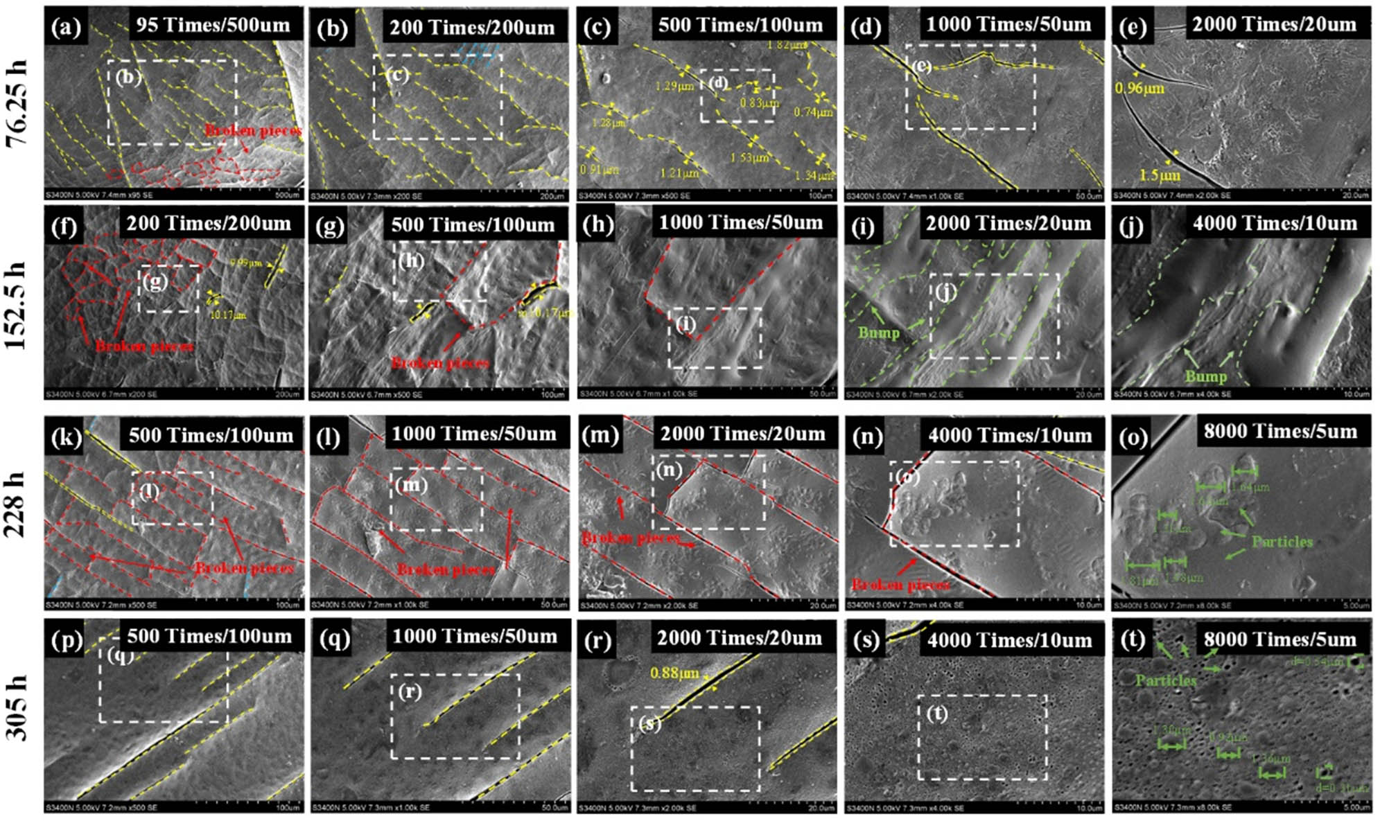 Figure 4
SEM morphology of base asphalt affected by UV aging. (a) 76.25 h–500 μm, (b) 76.25 h–200 μm, (c) 76.25 h–100 μm, (d) 76.25 h–50 μm, (e) 76.25 h–20 μm, (f) 152.5 h–200 μm, (g) 152.5 h–100 μm, (h) 152.5 h–50 μm, (i) 152.5 h–20 μm, (j) 152.5 h–10 μm, (k) 228 h–200 μm, (l) 228 h–100 μm, (m) 228 h–50 μm, (n) 228 h–10 μm, (o) 228 h–5 μm, (p) 305 h–100 μm, (q) 305 h–50 μm, (r) 305 h–20 μm, (s) 305 h–10 μm, and (t) 305 h–5 μm.