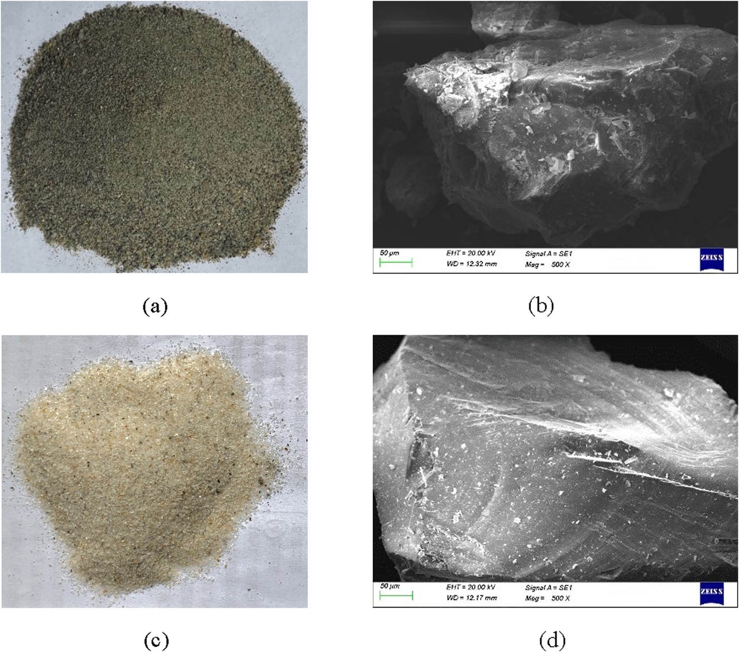 Figure 2
Microscopic structure of MT and S: (a) MT, (b) SEM of MT (enlarged 500 times), (c) S and (d) SEM of S (enlarged 500 times).