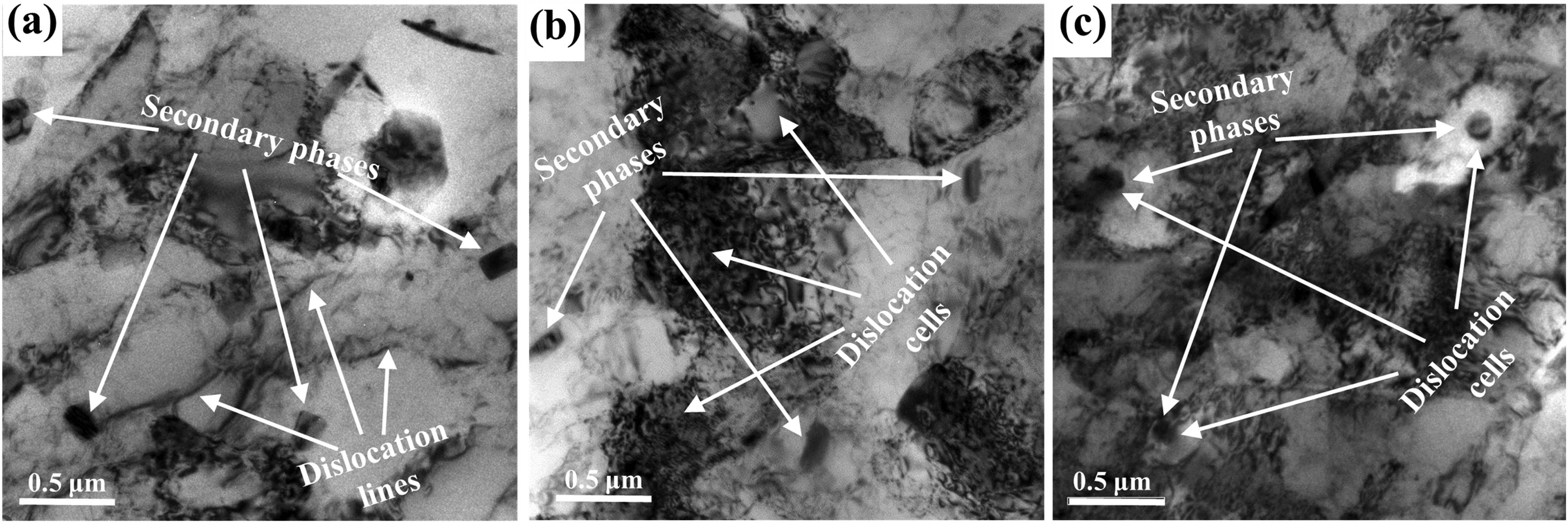 Figure 5
Dislocation structures after cold deformation. (a), (b) and (c) Cold deformation mode without deformation, 5% CR, and 5% cold compression, respectively.