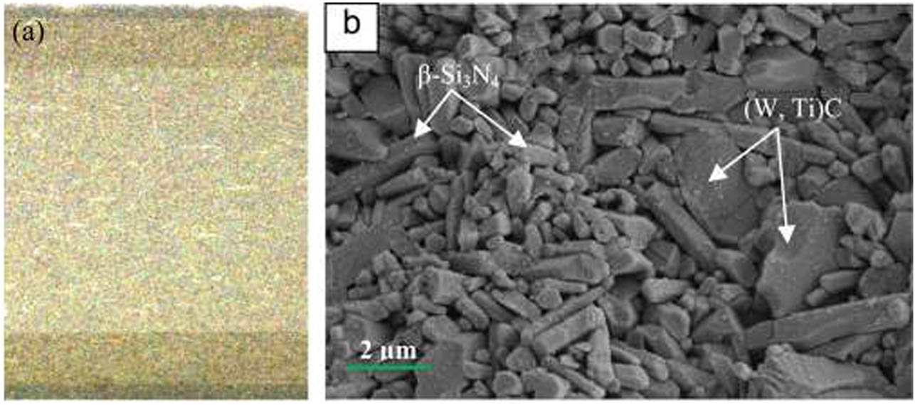 Figure 12 
                  (a) The cross-section of Si3N4/(W, Ti)C/Co graded ceramic tool and (b) SEM image representing the fracture surface of the graded cutting tool [110,111].
               
