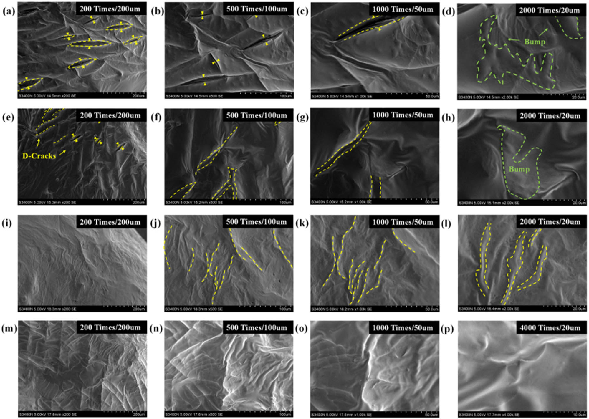 Figure 9
SEM morphology of T622 light stabilizer-modified asphalt. (a) 76.25 h–200 times; (b) 76.25 h–500 times; (c) 76.25 h–1000 times; (d) 76.25 h–2000 times; (e) 152.5 h–200 times; (f) 152.5 h–500 times; (g) 152.5 h–1000 times; (h) 152.5 h–2000 times; (i) 225 h–200 times; (j) 225 h–500 times; (k) 225 h–1000 times; (l) 225 h–2000 times; (m) 305 h–200 times; (n) 305 h–500 times; (o) 305 h–1000 times and (p) 305 h–4000 times.