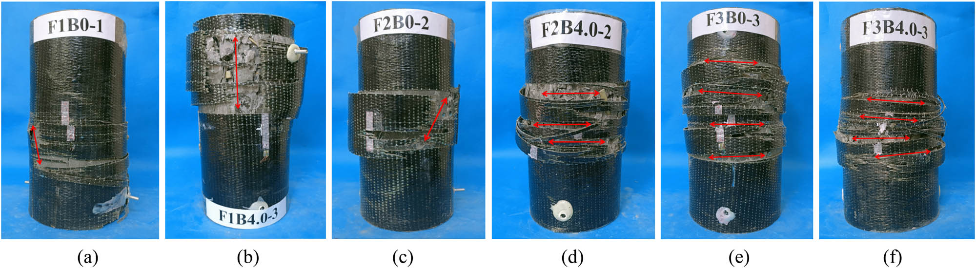 Figure 7 
                     Failure modes of BFCCCs. (a) F1B0-1, (b) F1B4.0-3, (c) F2B0-2, (d) F2B4.0-2, (e) F3B0-3, (f) F3B4.0-3.
                  