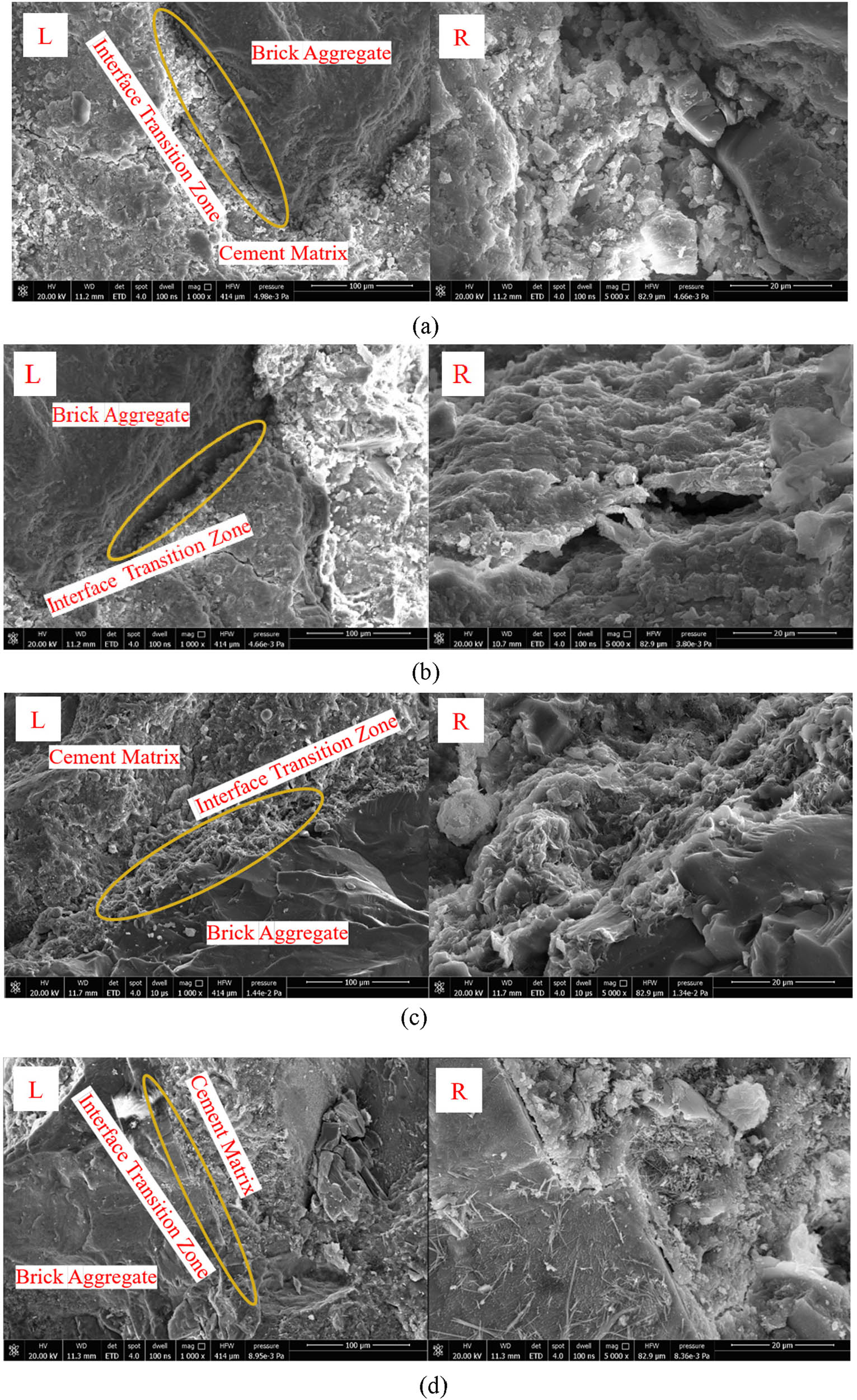 Figure 11 
                  SEM image after freeze–thaw cycle. (a) P-15, (b) P-45, (c) B50-15, (d) B50-45, (e) X2B50-15, (f) X2B50-45, and (g) X2B50-60.
               