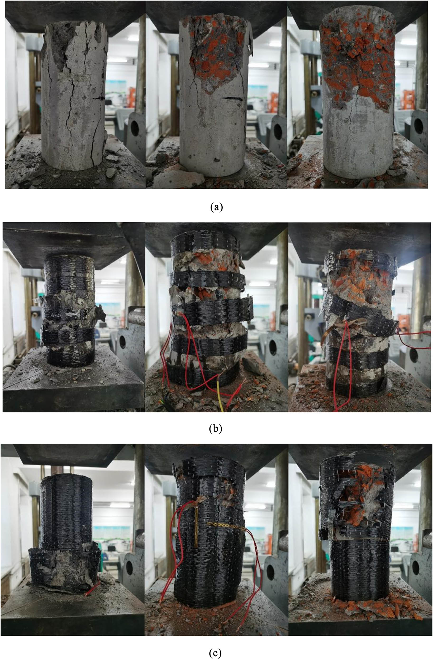 Figure 5 
                  Failure morphology of specimens (from left to right are specimens with red brick aggregate replacement rate of 0, 50, and 100%): (a) failure state of unreinforced specimens, (b) failure state of semi-reinforced specimens, and (c) failure state of fully reinforced specimens.
               