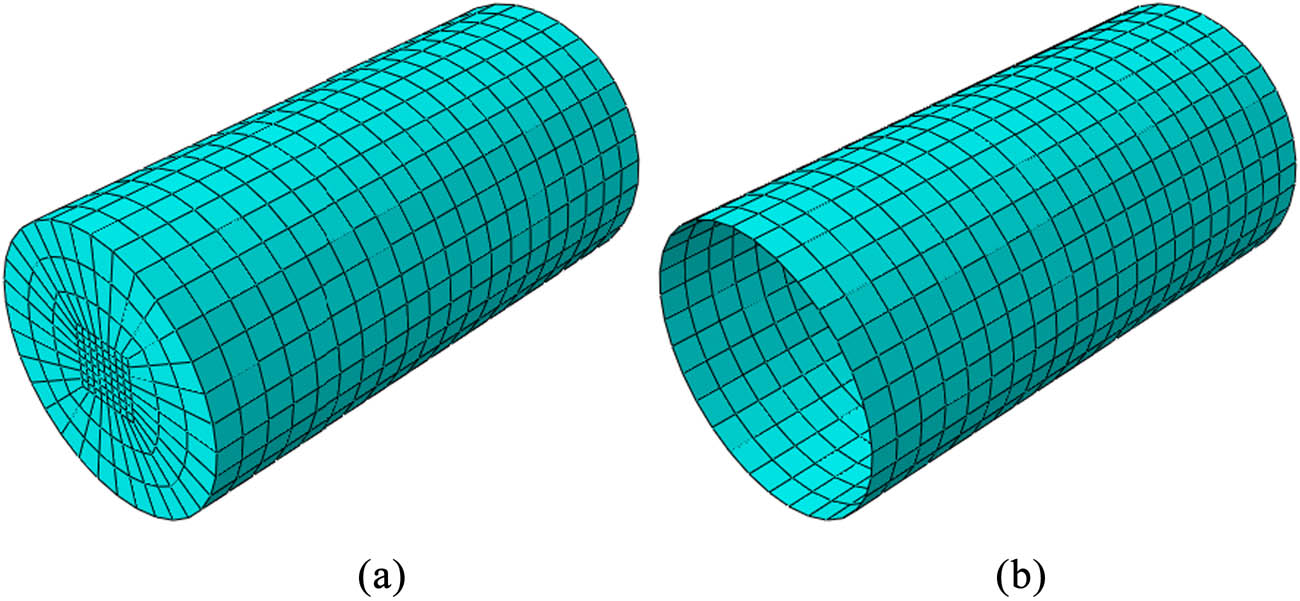 Figure 13 
                     Building concrete and CFRP models: (a) concrete and (b) CFRP.
                  