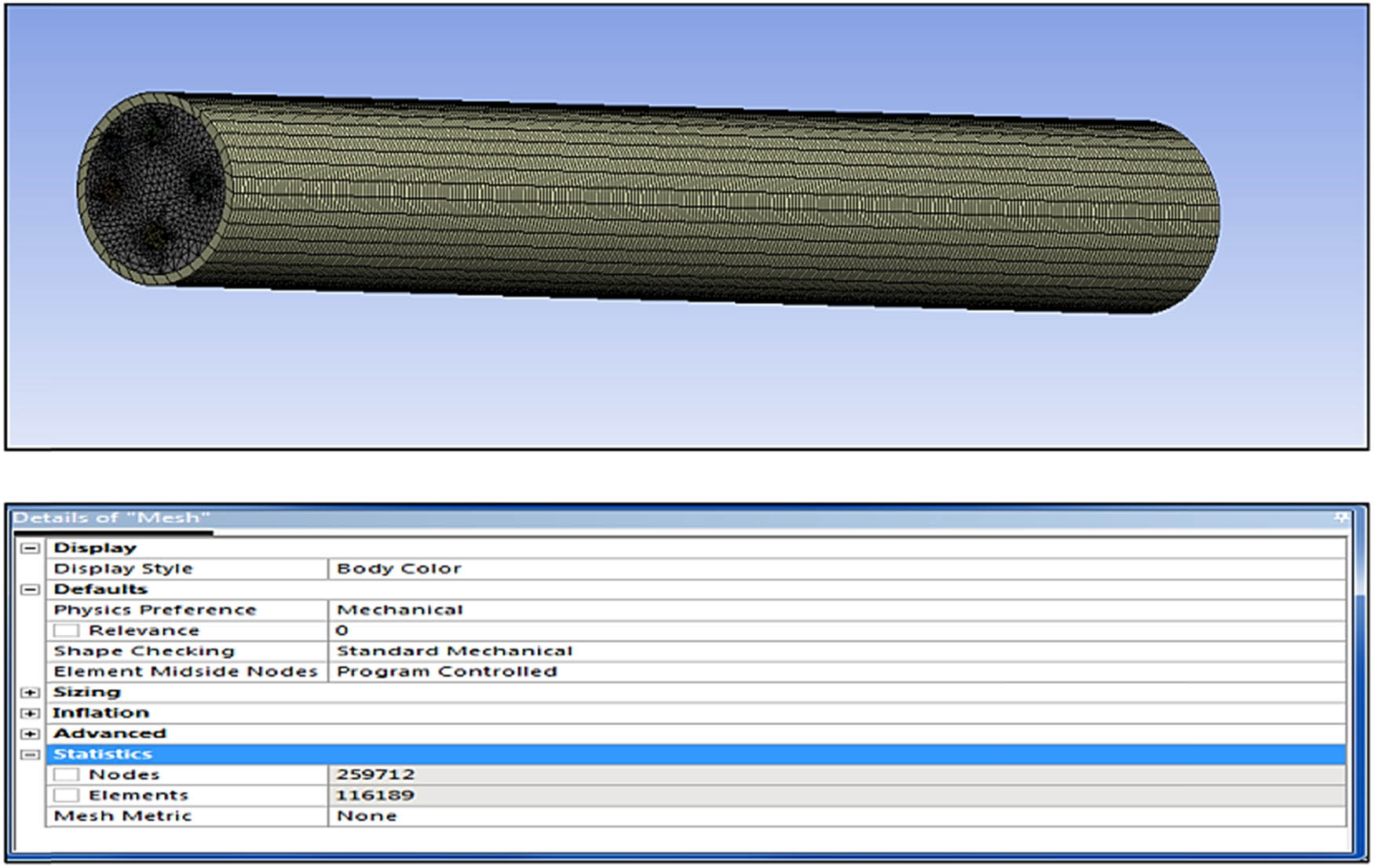 Figure 5 
                  Meshed model of the composite cylinder with details on nodes and elements.
               