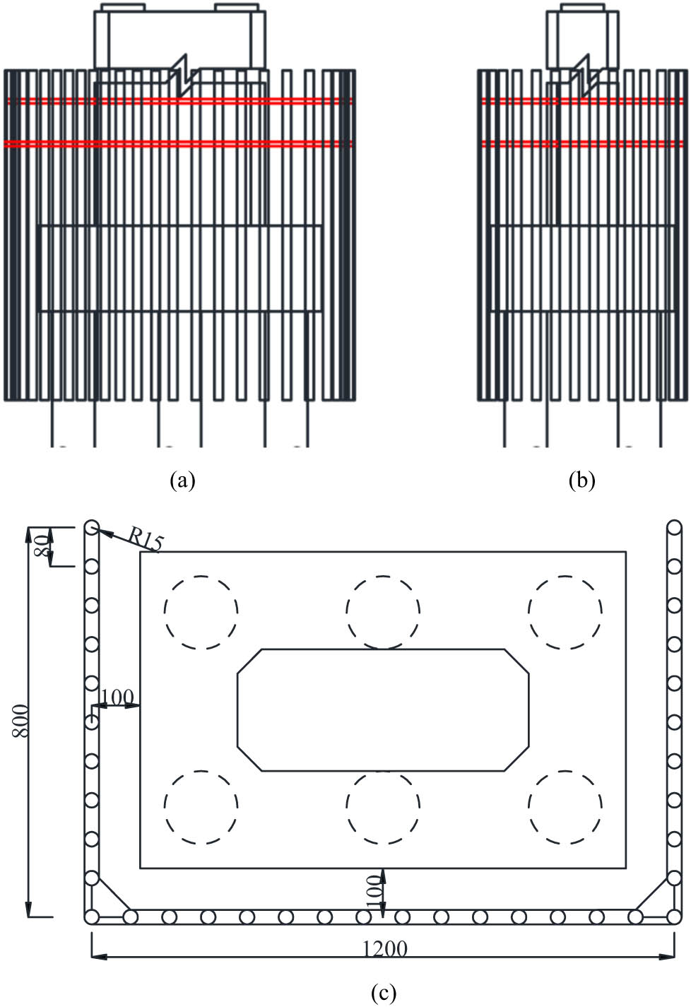 Figure 18 
                     Protection replacement of fender piles: (a) fender elevation, (b) side view, and (c) plan view.
                  