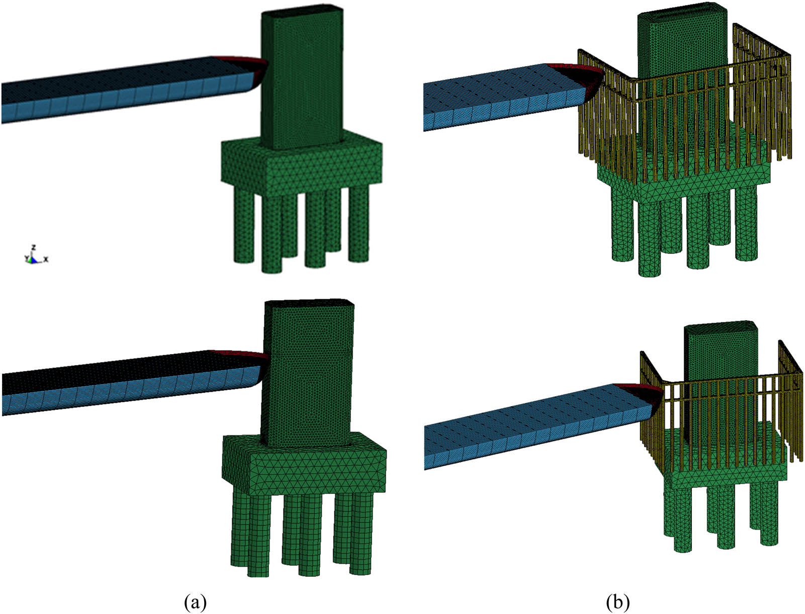 Figure 19 
                     FE model: (a) ship–bridge collision and (b) ship collision with fender piles.
                  