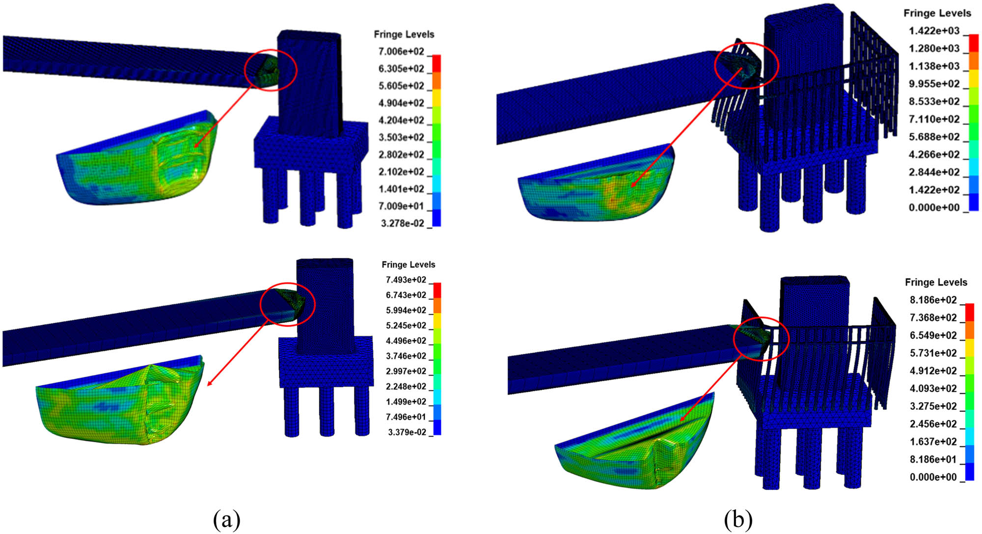 Figure 21 
                     Deformation of the bow and distribution of stress: (a) ship–bridge collision and (b) ship collision with fender piles.
                  