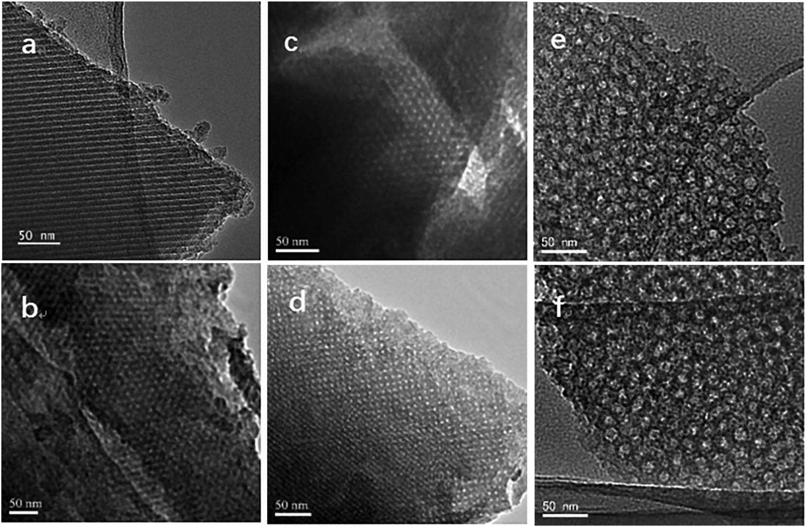 Figure 2 
                  TEM images of OMC-1 viewed along the [001] (a) and [110] (b) directions, OMC-2 viewed along the [111] (c) and [110] (d) directions, and OMC-3 viewed along the [111] (e) and [110] (f) directions.
               
