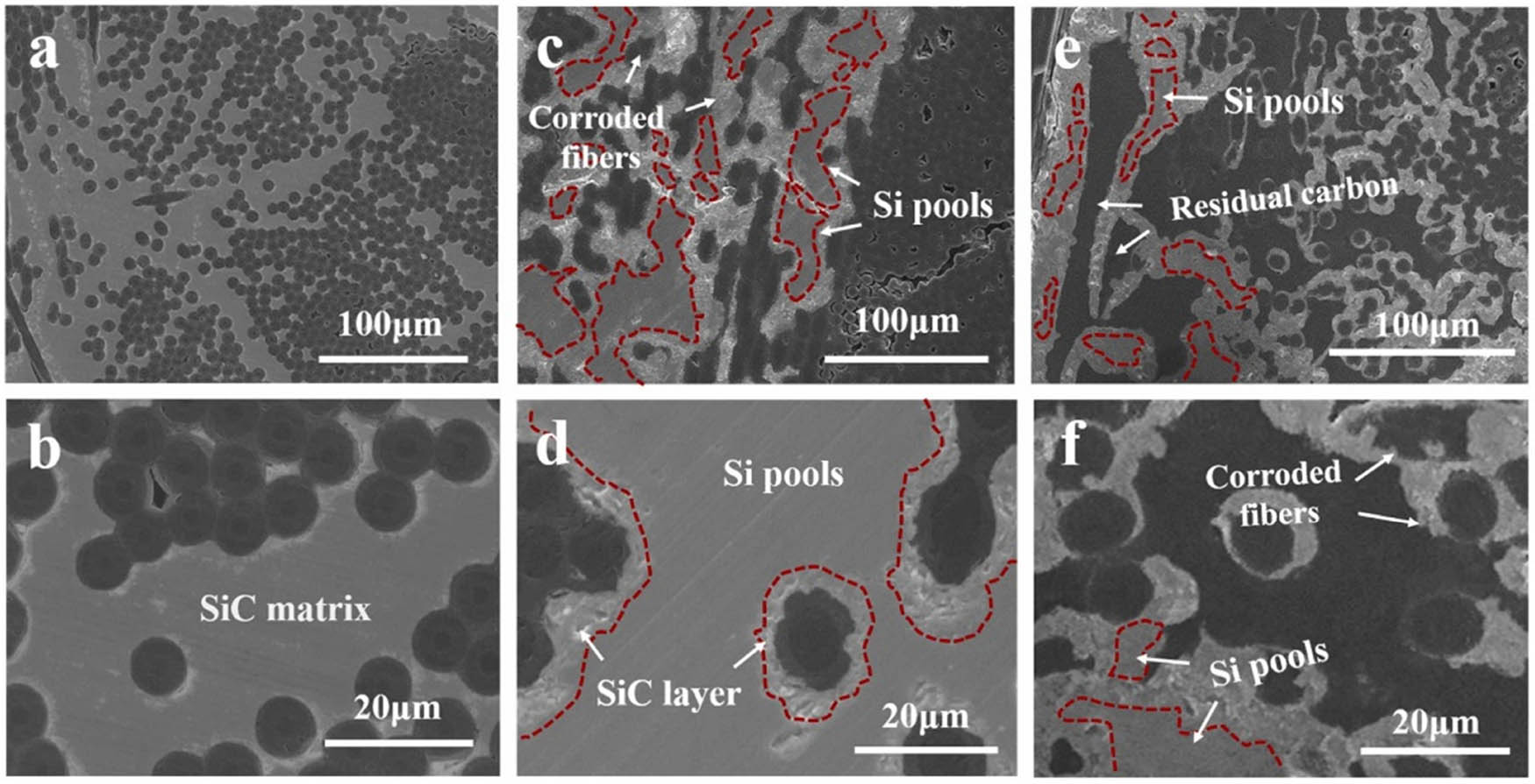 Figure 9 
                  SEM images of C/SiC composites prepared with (a) and (b) C/NC; (c) and (d) C/PyC, and (e) and (f) C/ReC [102].
               