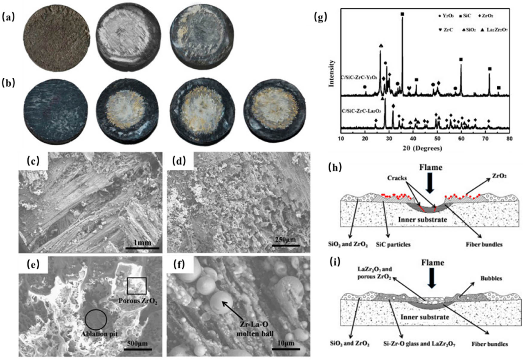 Figure 20 
               Macrographic images of (a) C/SiC–ZrC–Y2O3 and (b) C/SiC–ZrC–La2O3 composites before and after ablation tests; SEM images of (c) and (d) C/SiC–ZrC–Y2O3 and (e) and (f) C/SiC–ZrC–La2O3 composites after ablation tests; (g) XRD patterns of the both composites; Schematic of ablation mechanism of (h) C/SiC–ZrC–Y2O3 and (i) C/SiC–ZrC–La2O3 composites [229].
            