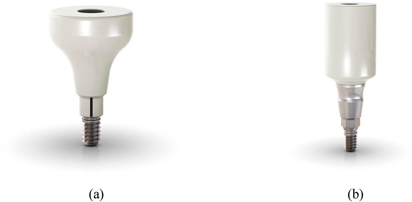 Figure 5 
                  PEEK abutments: (a) PEEK healing abutment (GM customizable healing abutment, Neodent, Curitiba, Brazil), (b) PEEK with titanium base temporary abutment (GM PRO PEEK abutment, Neodent, Curitiba, Brazil).
               