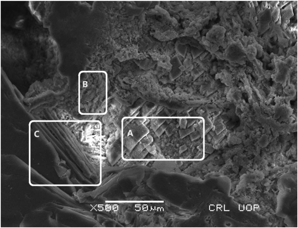 Figure 4
Scanning electron micrograph of the soapstone with three different micro-regions marked as A–C, representing crystalline, rough spongy, and homogenous laminar morphologies, respectively.