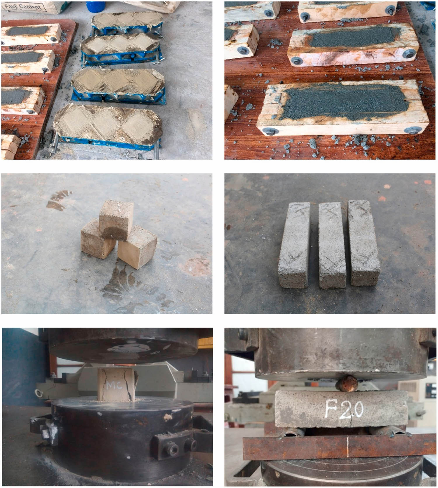 Figure 2 
                  Images of specimens for CS and FS within molds, dried, and during testing [15].
               