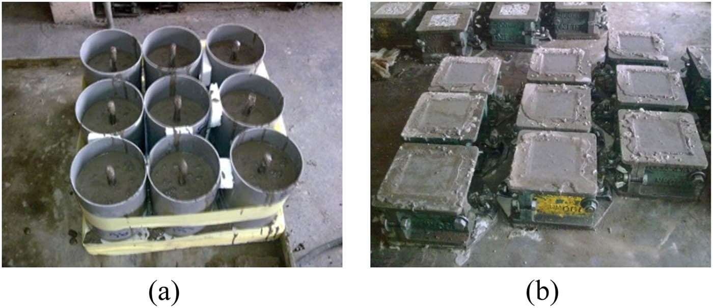 Figure 6
HSGC specimen’s preparation. (a) Compaction of specimens in a vibrating table. (b) Specimens after casting.