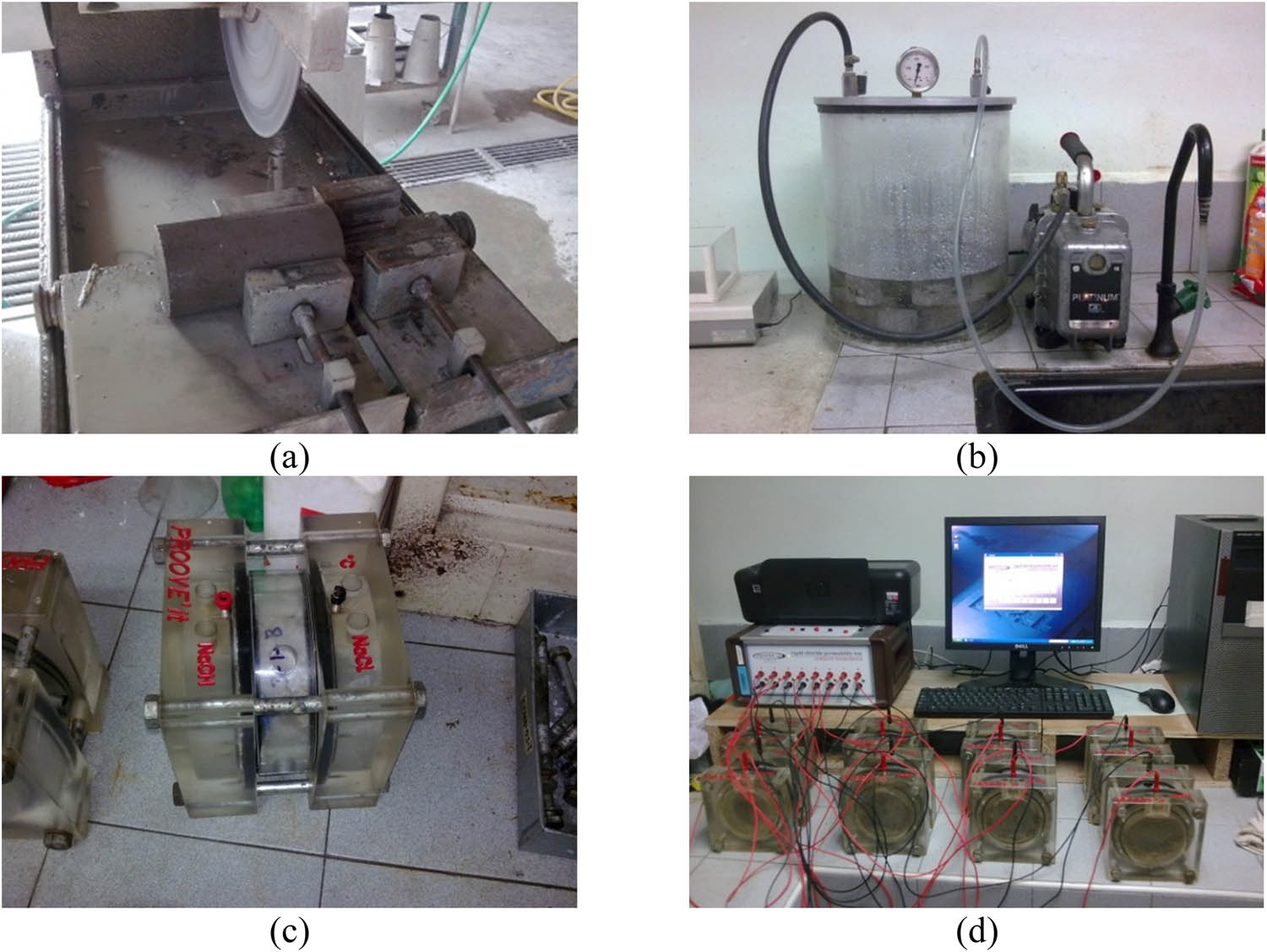 Figure 7
RCPT procedures: (a) Samples preparation; (b) vacuum saturation tank; (c) test cell; and (d) test setup.