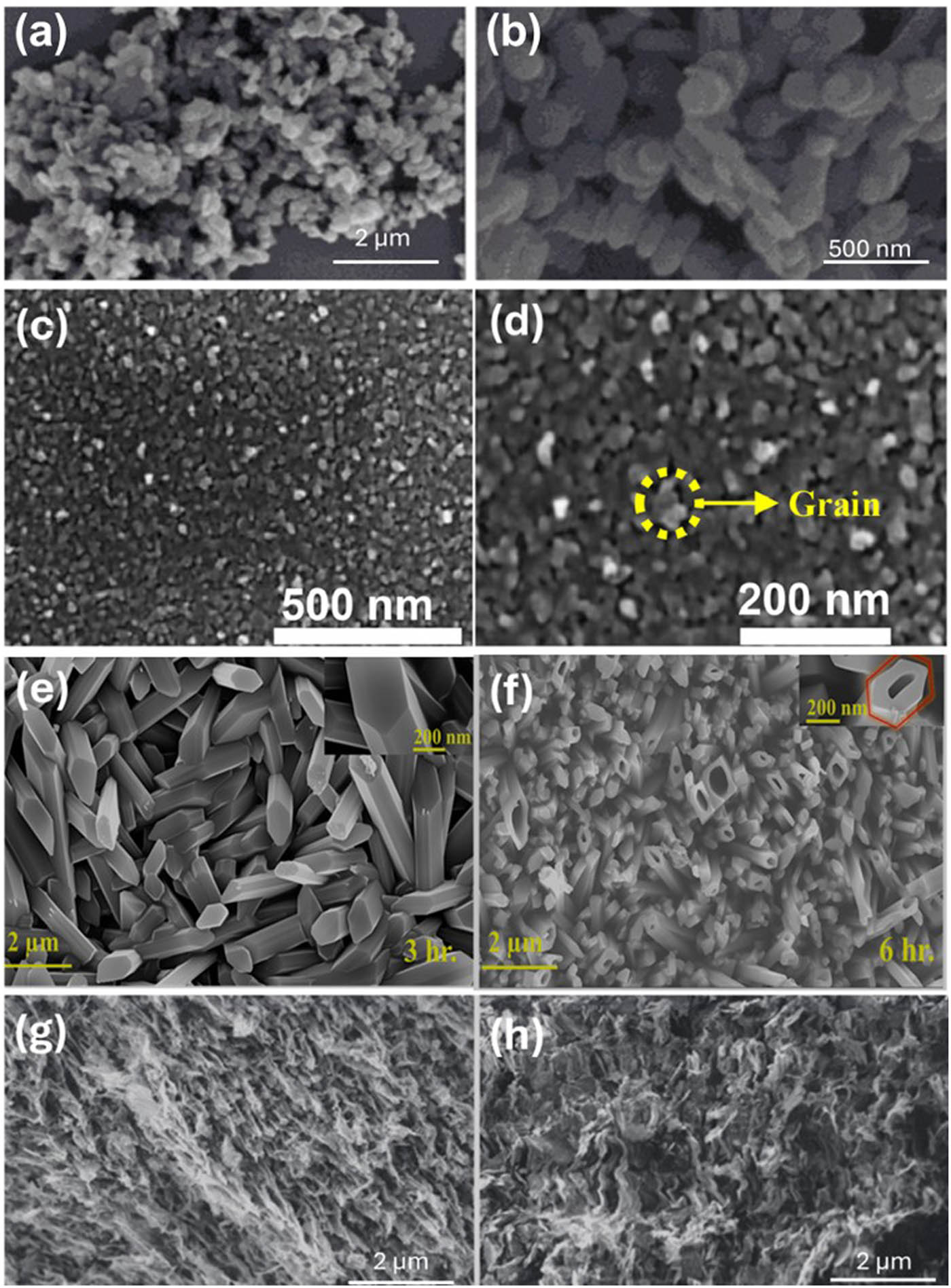 Figure 7 
                        A morphological analysis of the SEM images of hBN synthesized via (a and b) hydrothermal exfoliation, (c and d) CVD, (e and f) the wet chemical route, and (g and h) the freeze casting method [74,86–88].
                     